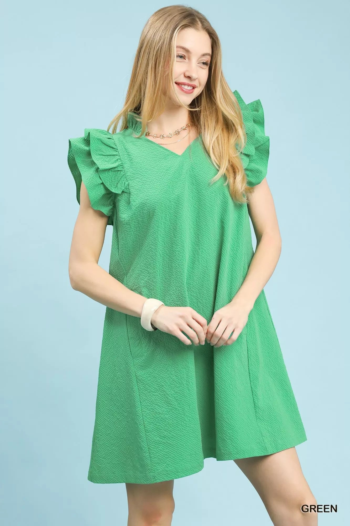 Vibrant green Umgee Seersucker Ruffle Shift Dress with textured A-line, short flutter sleeves, V-neckline