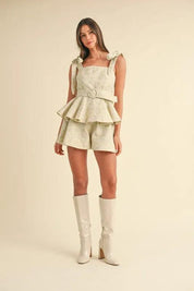 MABLE Jacquard Floral Peplum Top and Flare Shorts Set | Outfit Sets Daverri Fashions