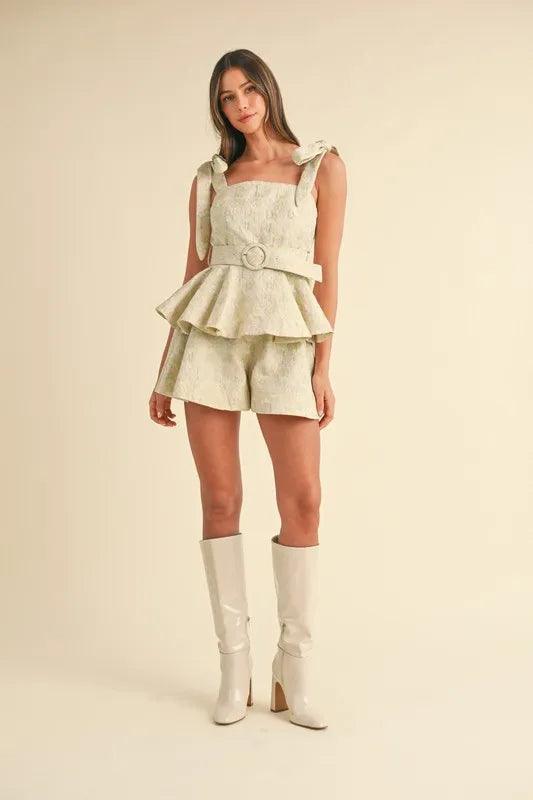 MABLE Jacquard Floral Peplum Top and Flare Shorts Set Outfit Sets
