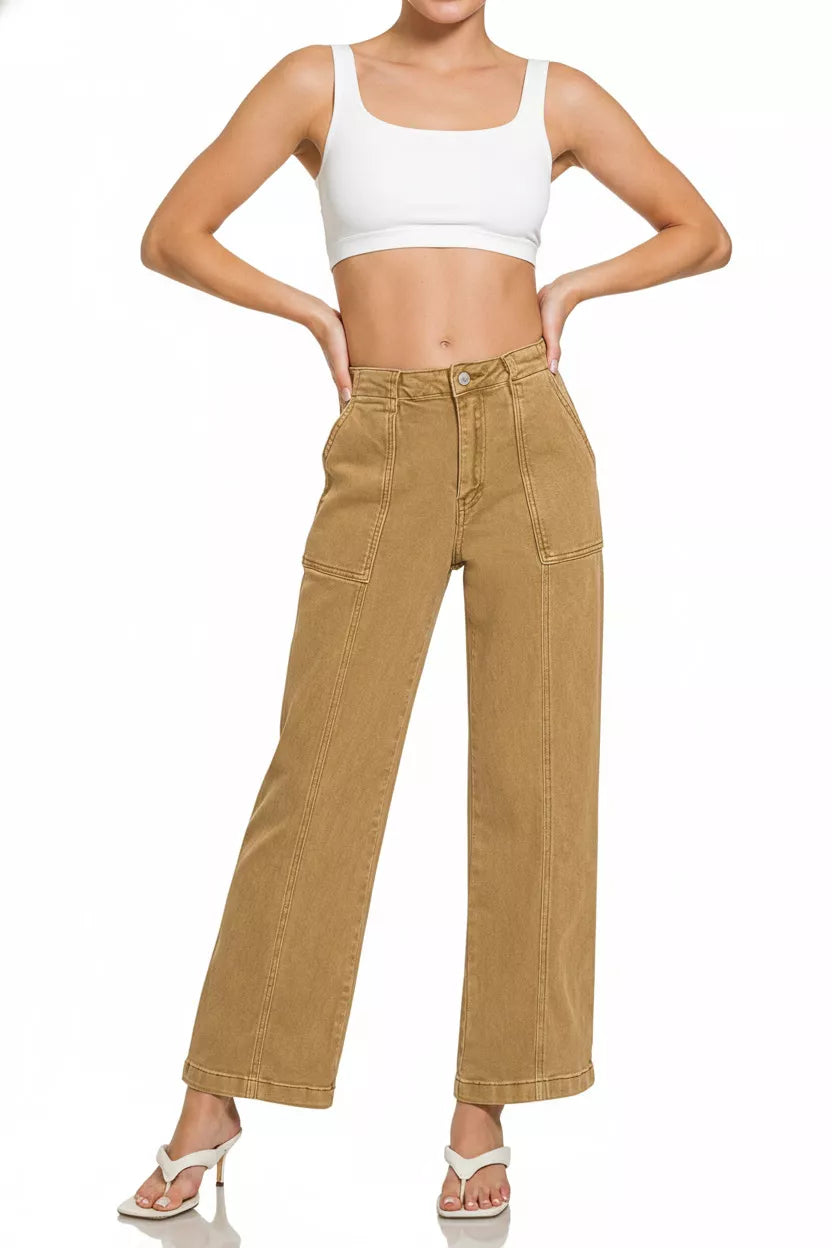 Zenana straight leg utility pocket jeans in tan wide-leg denim with high waist