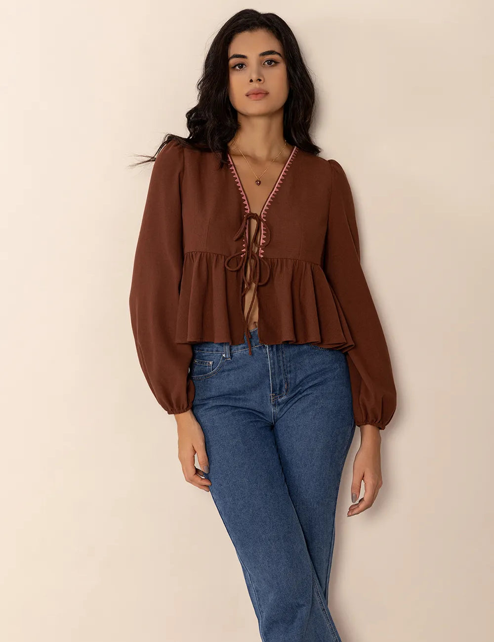 Brown Peplum Tied V-Neck Long Sleeve Blouse | Blouses Daverri Fashions