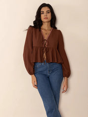 Brown Peplum Tied V-Neck Long Sleeve Blouse | Blouses Daverri Fashions