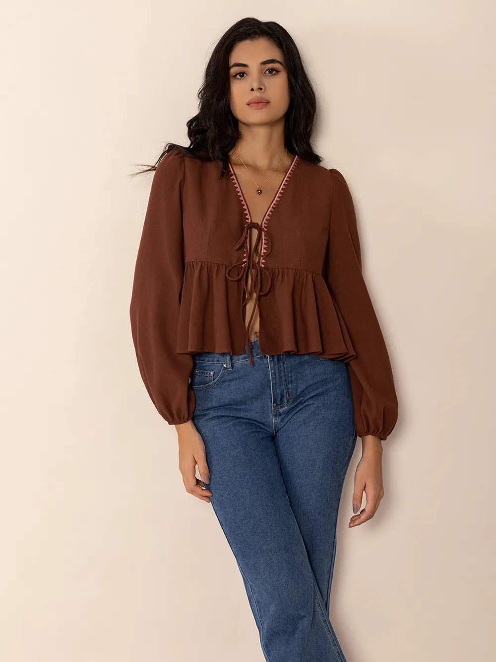 Brown Peplum Tied V-Neck Long Sleeve Blouse | Blouses Daverri Fashions