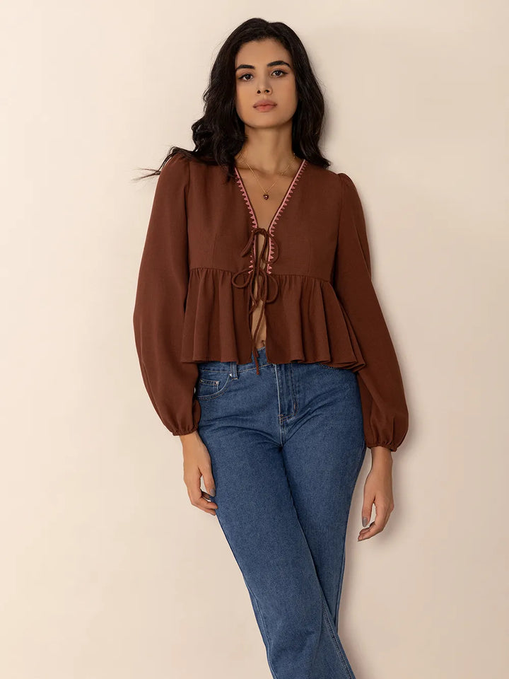 Brown Peplum Tied V-Neck Long Sleeve Blouse | Blouses Daverri Fashions