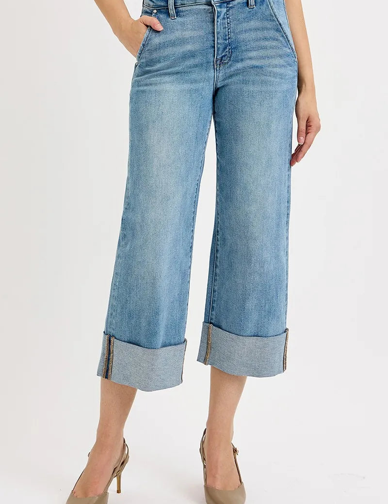 RISEN Full Size Tummy Control High Rise Ankle Wide Cuffed Jeans | Jeans Daverri Fashions