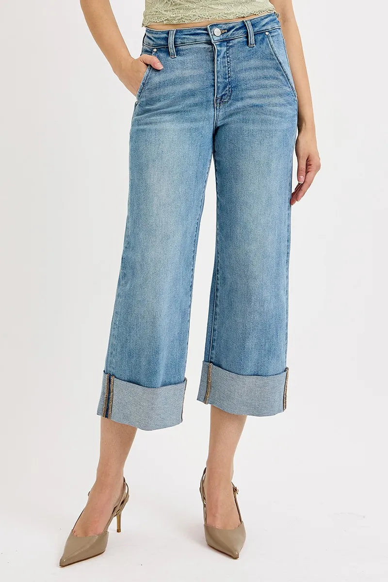 RISEN Full Size Tummy Control High Rise Ankle Wide Cuffed Jeans Jeans
