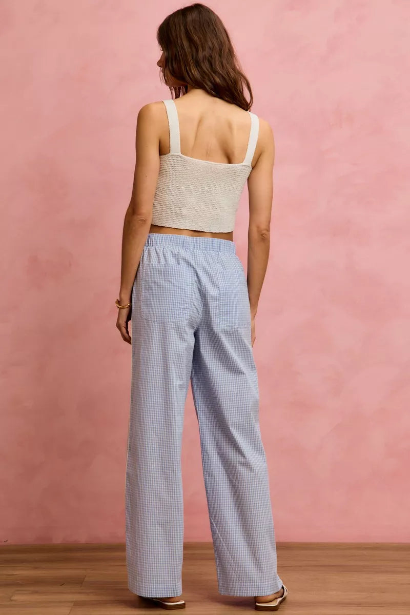 SO ME wide check pants with side lace trim, light blue white gingham wide-leg