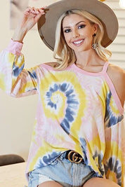 BiBi Tie Dye Print Terry Top with Cold Shoulder Detail | Tops Daverri Fashions