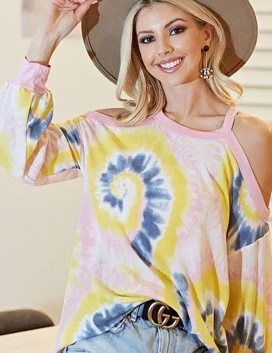 BiBi Tie Dye Print Terry Top with Cold Shoulder Detail - DAVERRI FASHIONS