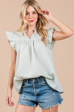Ces Femme Plaid Notched Ruffled Cap Sleeve Blouse - DAVERRI FASHIONS