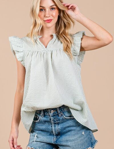 Ces Femme Light Green Plaid Notched Ruffled Cap Sleeve Blouse Light Green Blouses