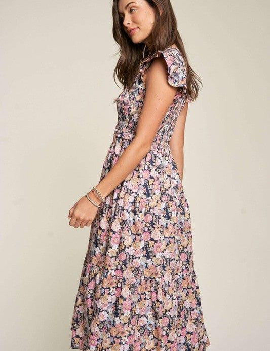 Vintage Garden Floral Flutter Smocking Midi Dress Midi Dresses