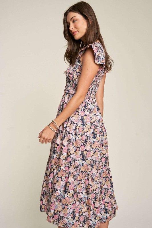 Vintage Garden Floral Flutter Smocking Midi Dress Mid Dresses