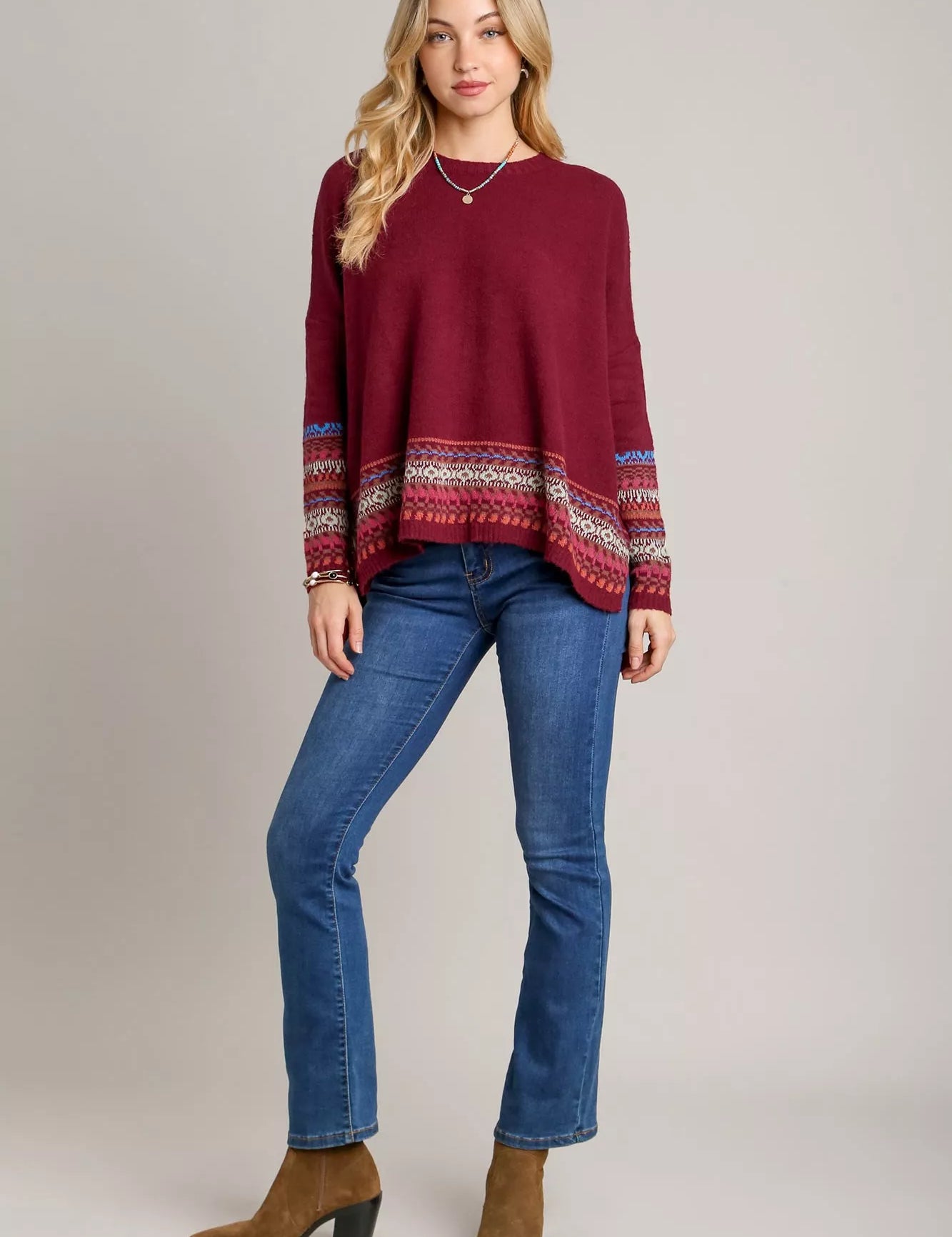 Umgee Long Sleeve Round Neck Knit Top with Side Slits and Stitch Detail | Knit Tops Daverri Fashions