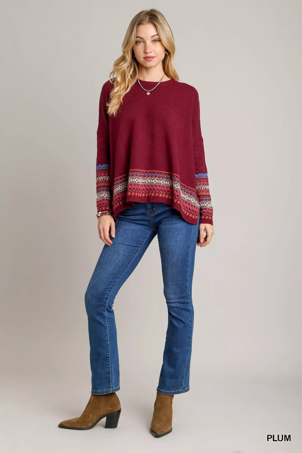Umgee Long Sleeve Round Neck Knit Top with Side Slits and Stitch Detail | Knit Tops Daverri Fashions