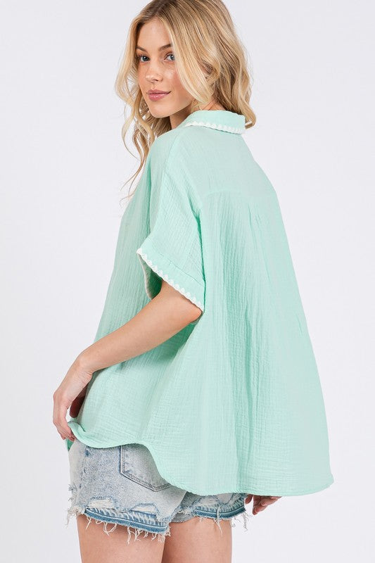 SAGE+FIG Boho Contrast Zigzag Trim Gauze Button-Up Shirt Shirts