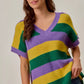 SO ME Mardi Gras loose fit V-neck striped sweater in yellow, green, purple bands