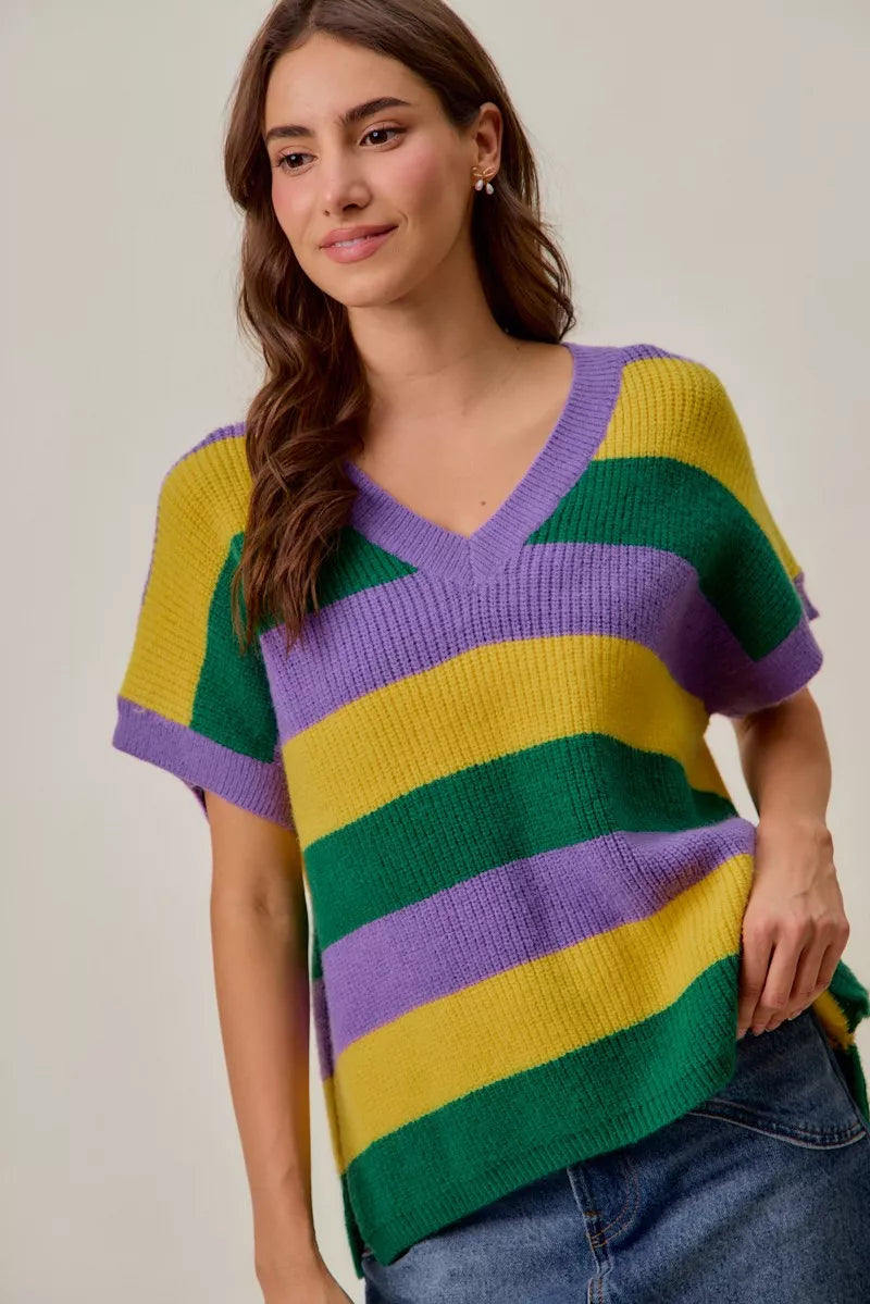 SO ME Mardi Gras loose fit V-neck striped sweater in yellow, green, purple bands