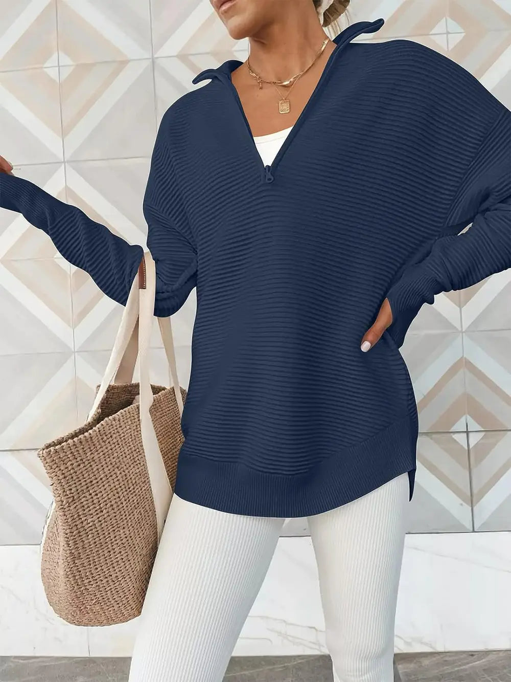 Half Zip Long Sleeve Knit Top | Knit Tops Daverri Fashions