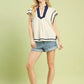 Umgee Linen Ruffle Sleeve Top: beige short-sleeved blouse with navy V-neck