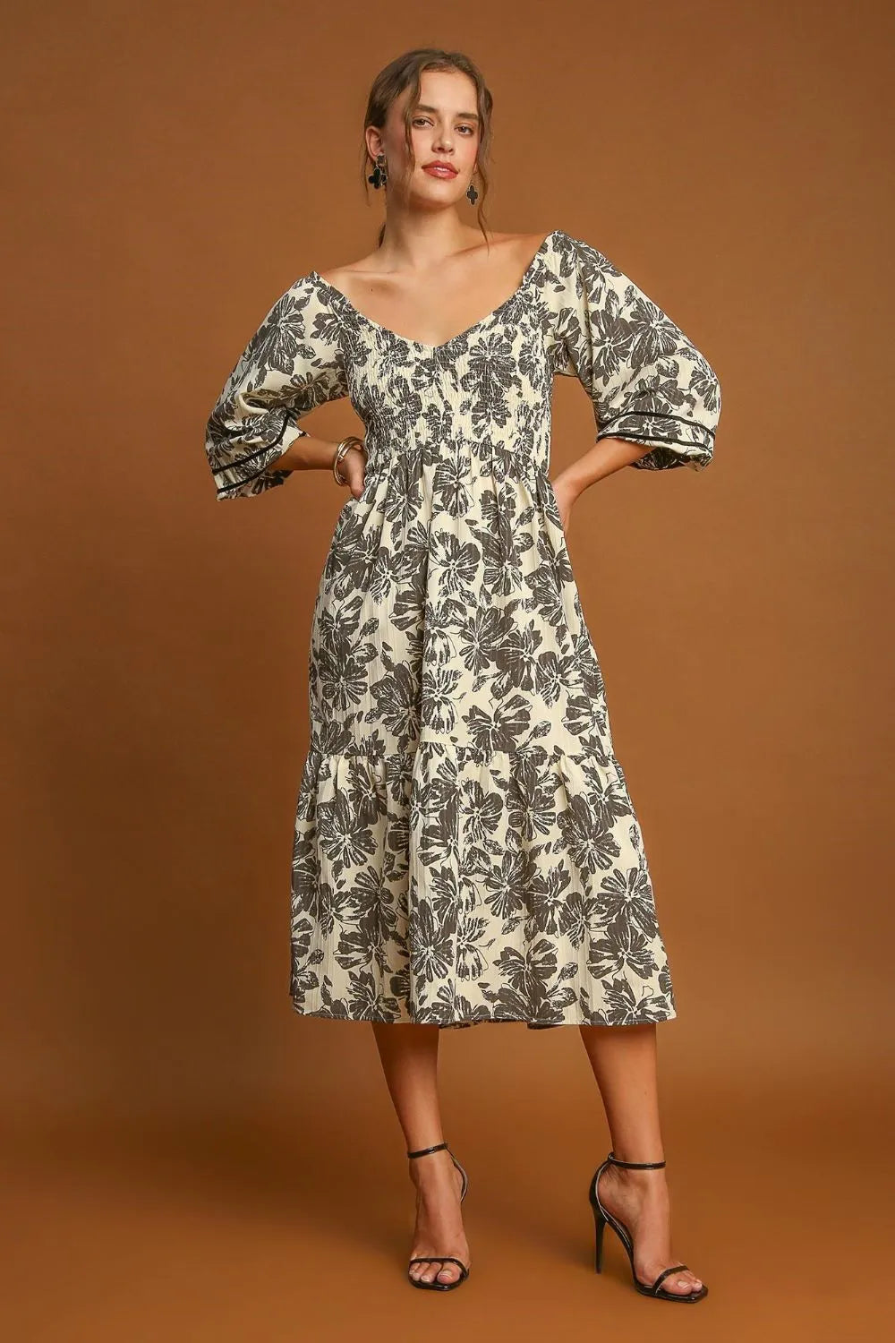 Umgee Ruffle Hem Flower Printed V-Neck Dress | Daverri Fashions