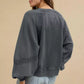 Lace Patchwork Detail Notched Mineral Wash Sweatshirt - DAVERRI FASHIONS