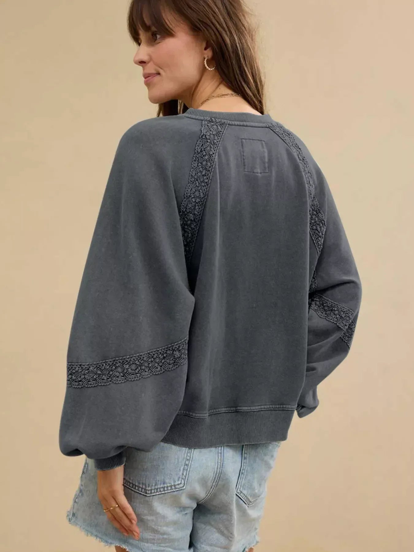 Lace Patchwork Detail Notched Mineral Wash Sweatshirt - DAVERRI FASHIONS