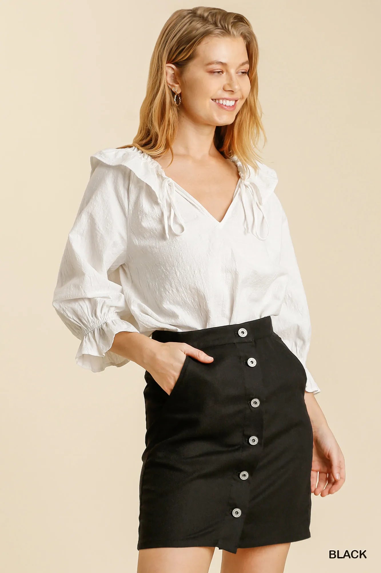 Umgee Linen Blend Button Down Skirt with Pockets Black Skirts