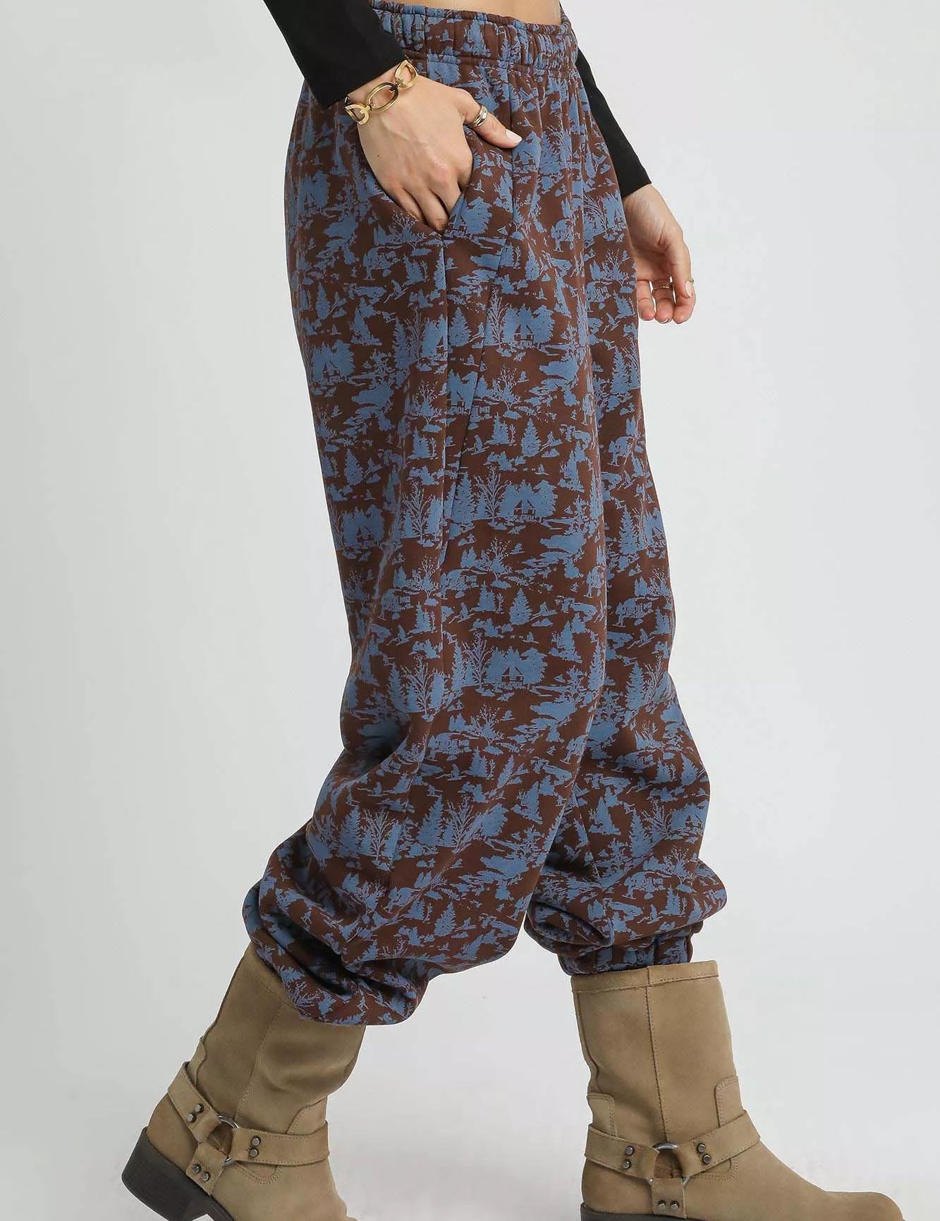 Umgee Scenic Print Casual Sweatpants Chocolate | Sweatpants Daverri Fashions