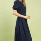Navy blue Umgee zip-front smocked waist midi dress with puffed sleeves