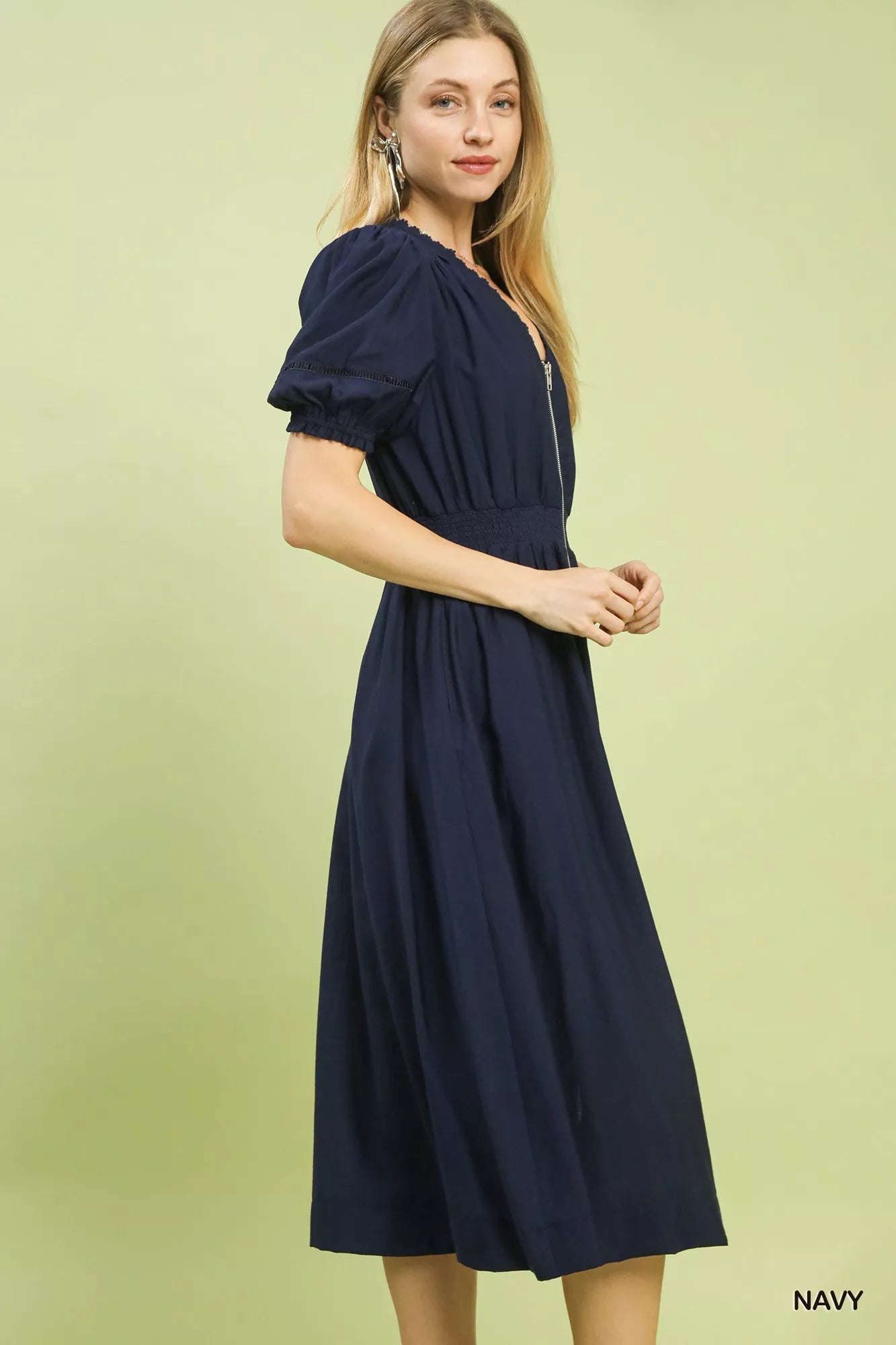 Navy blue Umgee zip-front smocked waist midi dress with puffed sleeves