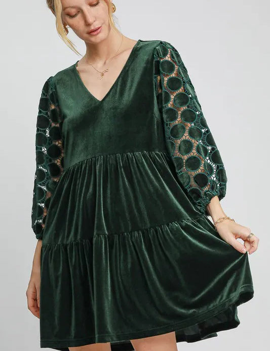 Dark Green Umgee Dotted Lace Sleeve Tiered Velvet Mini Dress | Mini Dresses Daverri Fashions