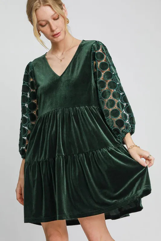 Umgee Dotted Lace Sleeve Tiered Velvet Mini Dress Dark Green Mini Dresses