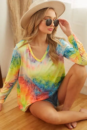LIME MULTI BiBi Tie Dye Long Sleeve V-Neck T-Shirt | T-Shirts Daverri Fashions