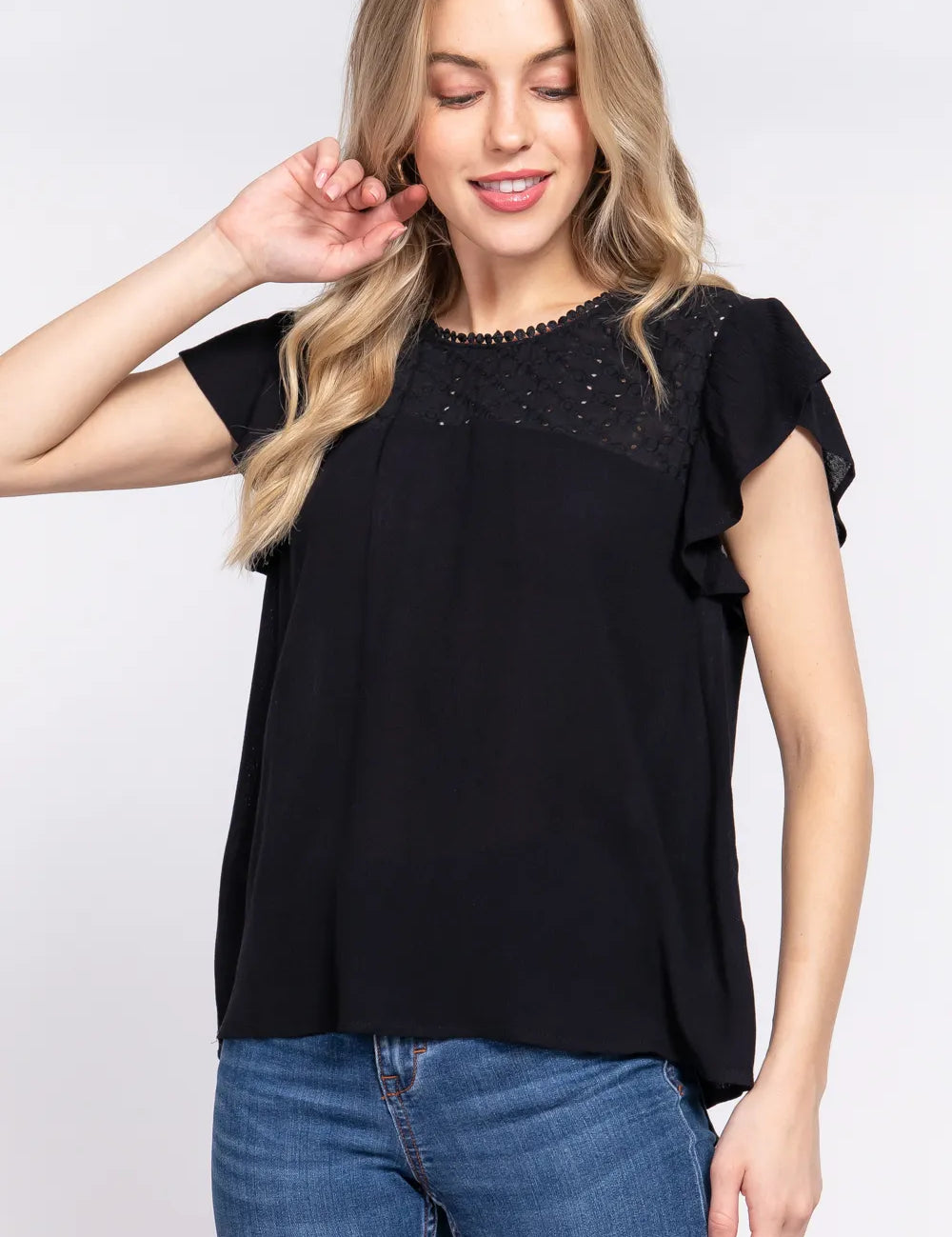Black S ACTIVE BASIC Ruffle Short Sleeve Crochet Blouse | Daverri Fashions