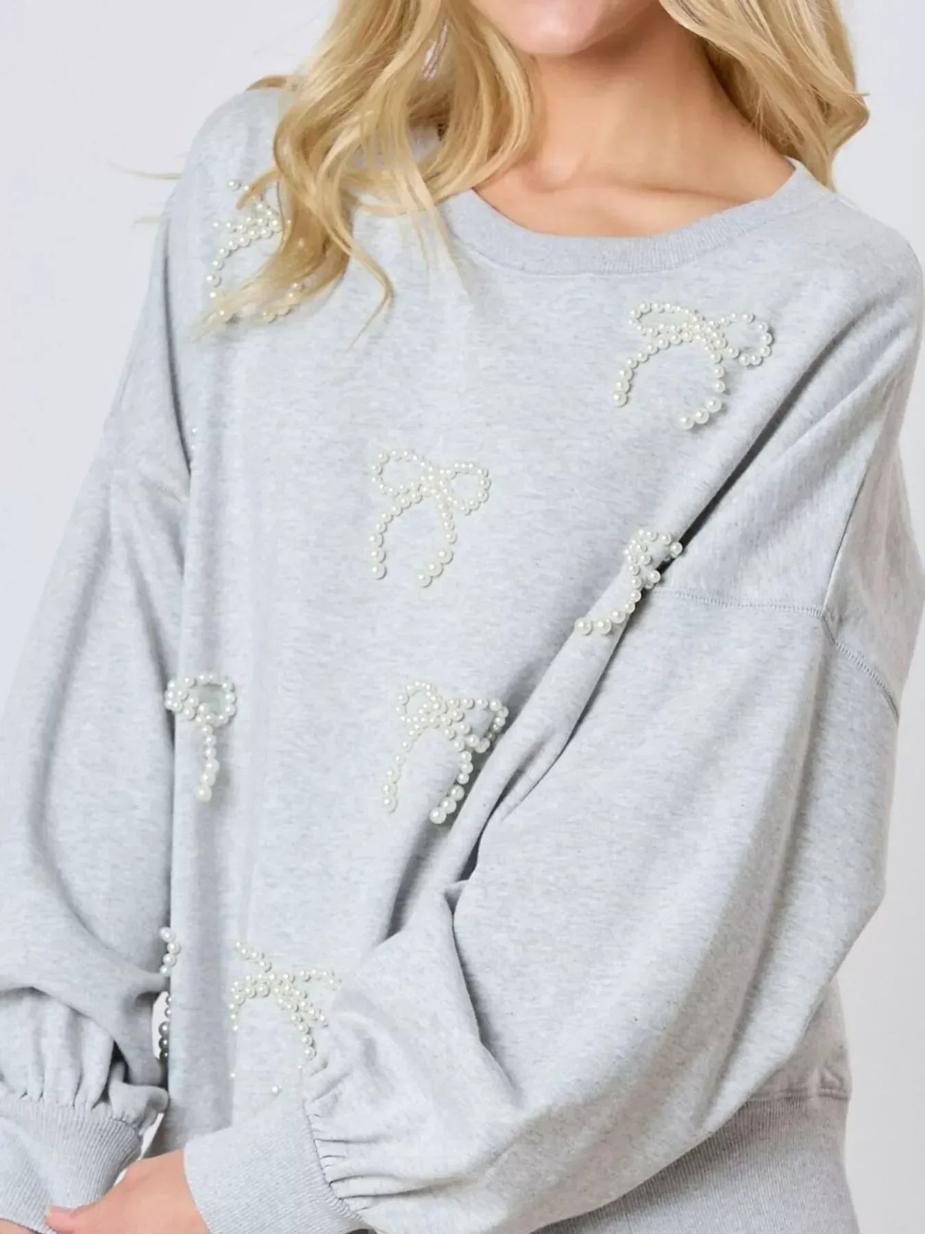 Pearl Embellished Bow Long Sleeve Sweatshirt - DAVERRI FASHIONS