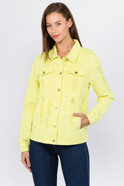 American Bazi Distressed Back Button Down Denim Jacket Lime Neon Yellow