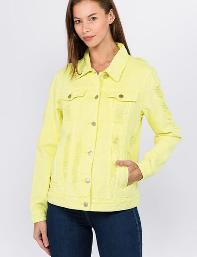 American Bazi Distressed Back Button Down Denim Jacket Lime Neon Yellow