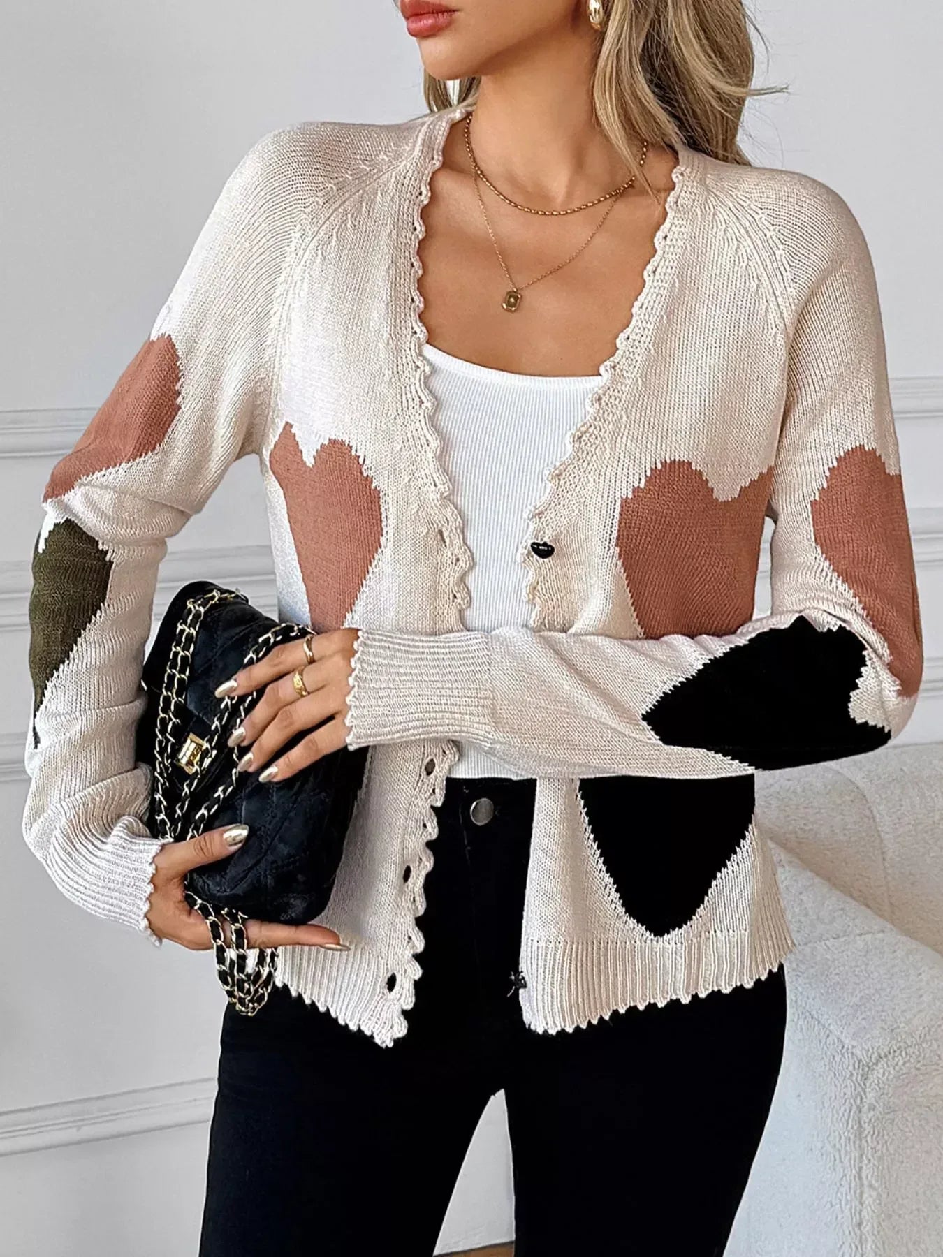 Heart Pattern Button-Up Cardigan - DAVERRI FASHIONS