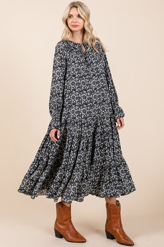 Mittoshop Printed Tie Neck Flounce Sleeve Midi Dress Mid Dresses