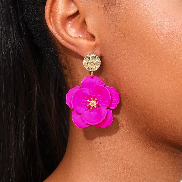 Rose Red onesize Floral Statement Drop Earrings with Gold Accent | Earrings Daverri Fashions