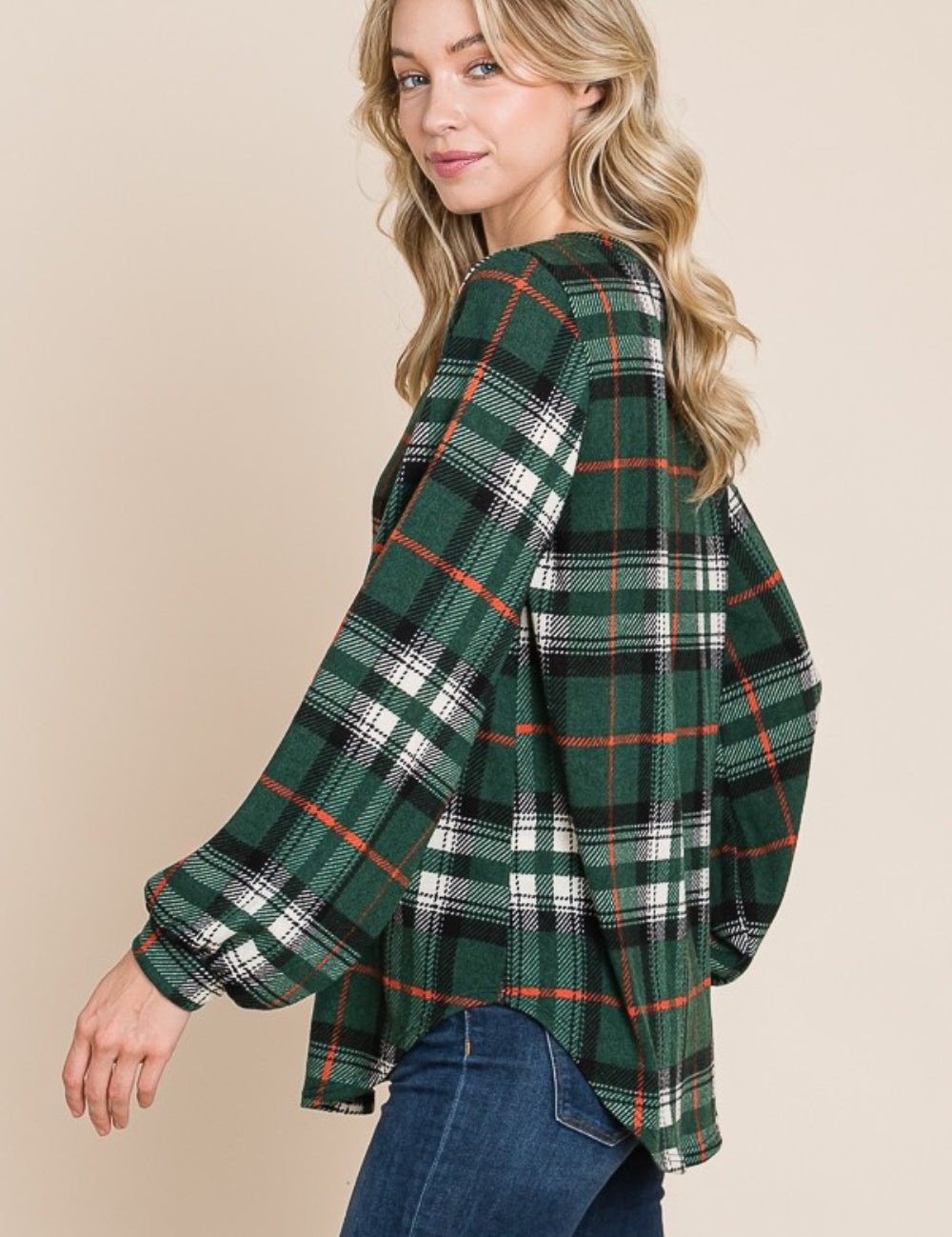 BOMBOM Curved Hem Plaid Round Neck Long Sleeve Top | Tops Daverri Fashions