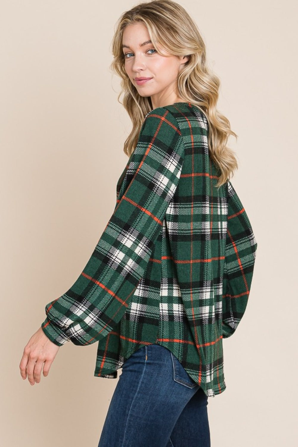 BOMBOM Curved Hem Plaid Round Neck Long Sleeve Top | Tops Daverri Fashions