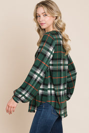 BOMBOM Curved Hem Plaid Round Neck Long Sleeve Top | Tops Daverri Fashions