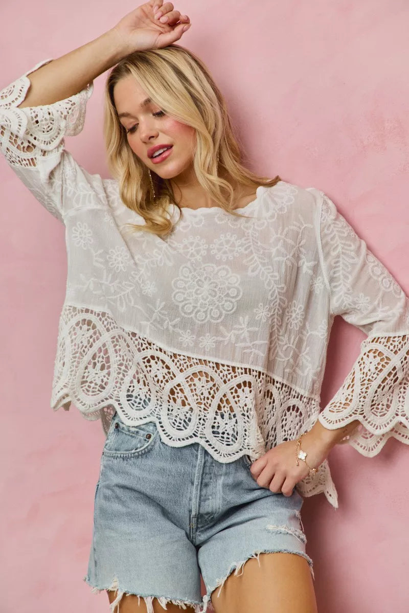 SO ME floral embroidered crochet lace trimmed top with bell sleeves