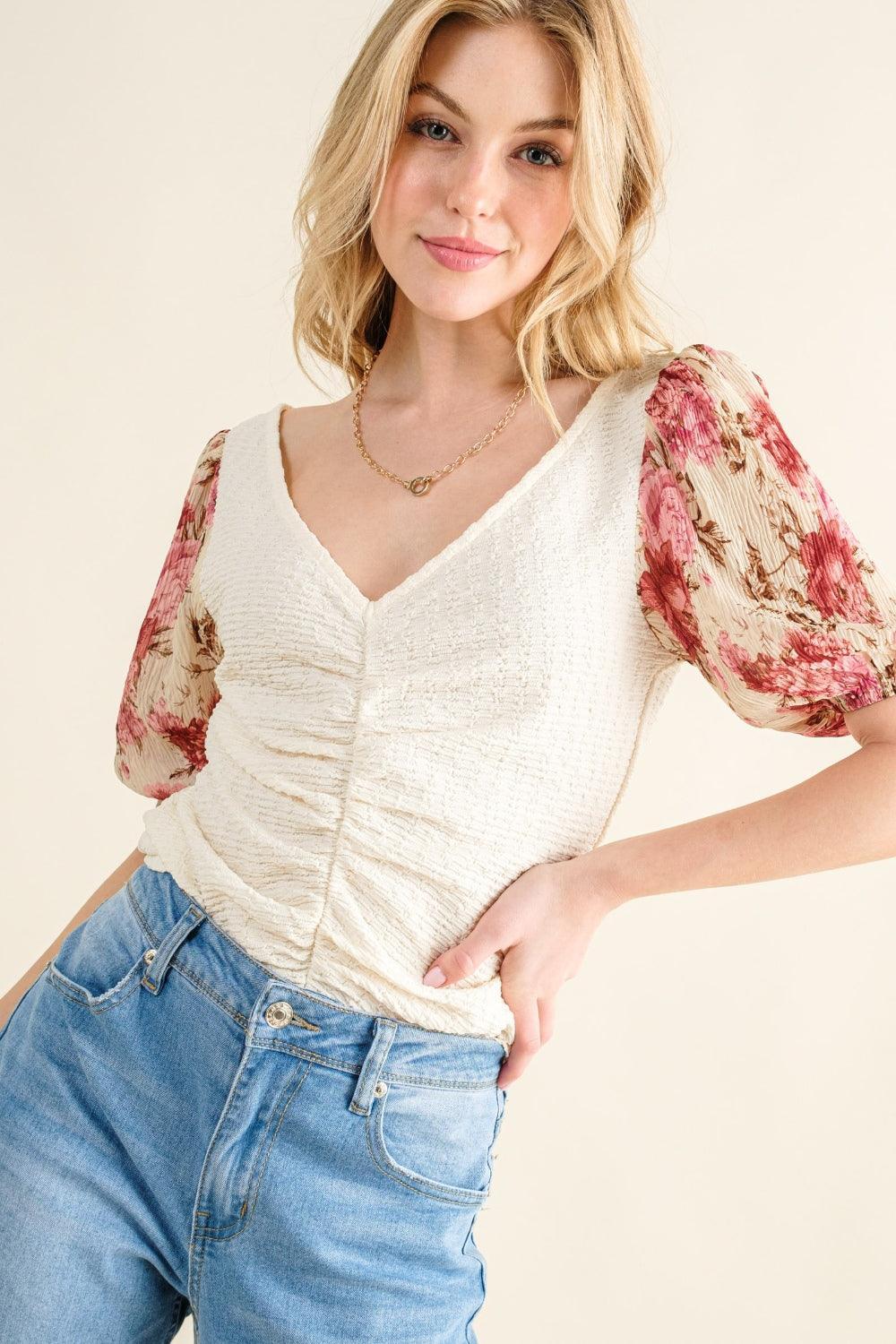 And The Why Full Size Floral Print Textured Sleeve Knit Top - DAVERRI FASHIONS