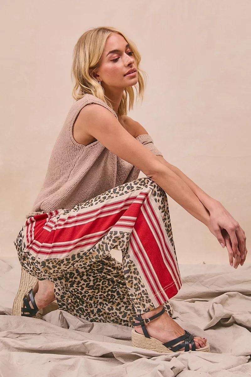 BiBi Leopard Print Pants with Red Stripes and Welt Pockets
