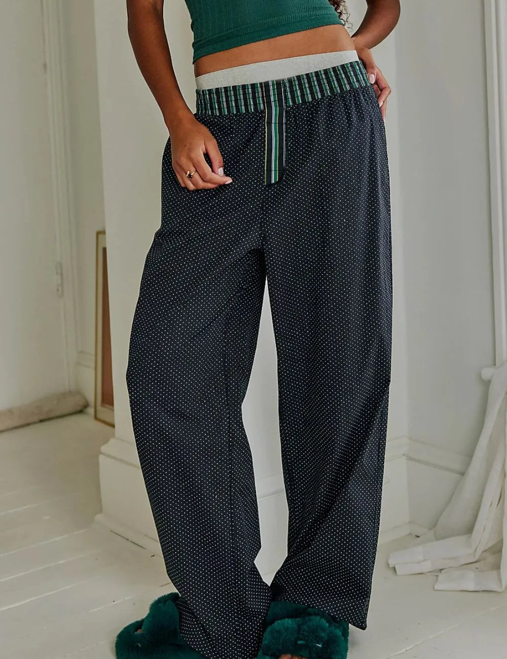 Black Polka Dot Elastic Waist Wide Leg Pants | Pants Daverri Fashions