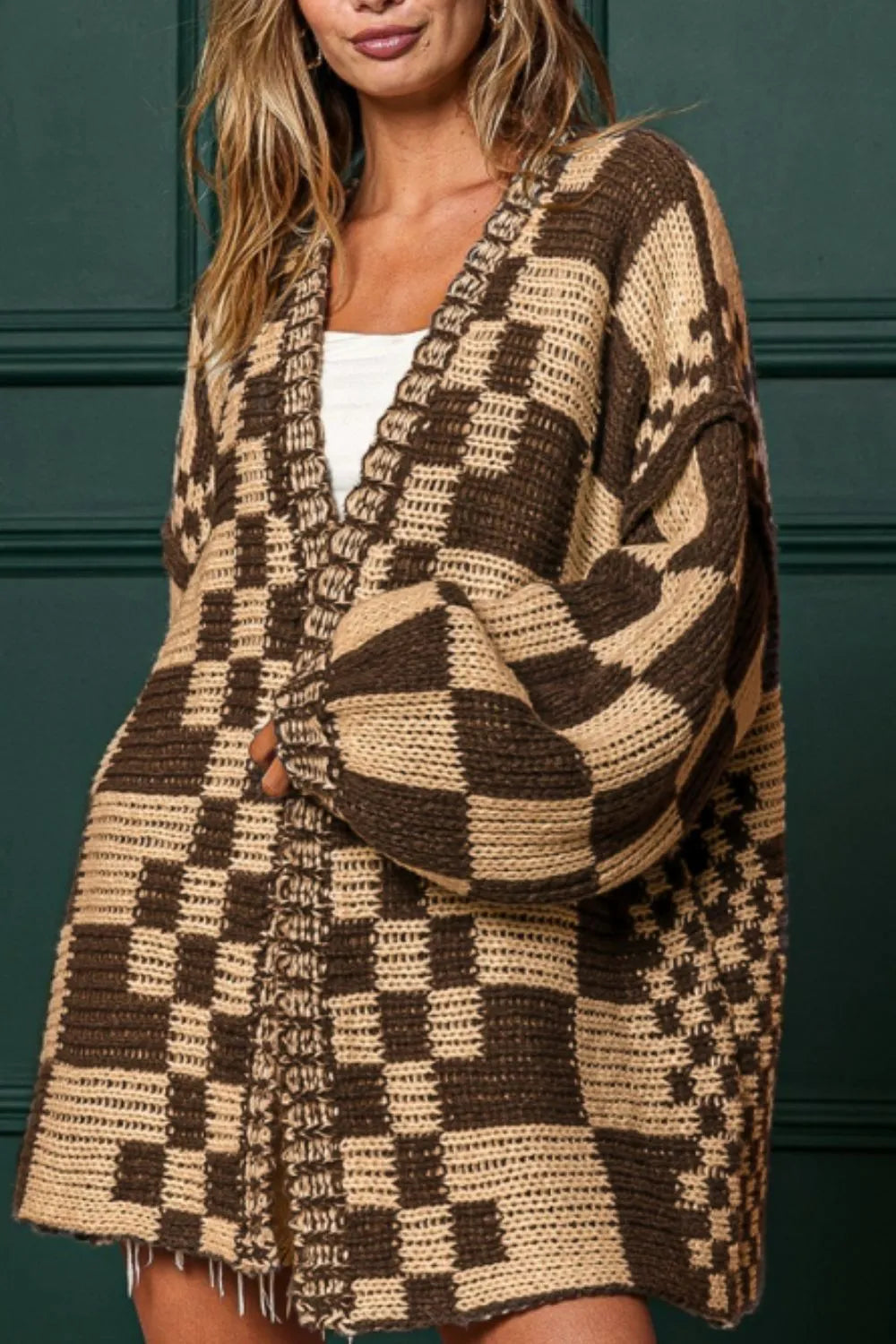 Checkered Open Front Long Sleeve Cardigan | Cardigans Daverri Fashions