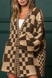 Checkered Open Front Long Sleeve Cardigan | Cardigans Daverri Fashions